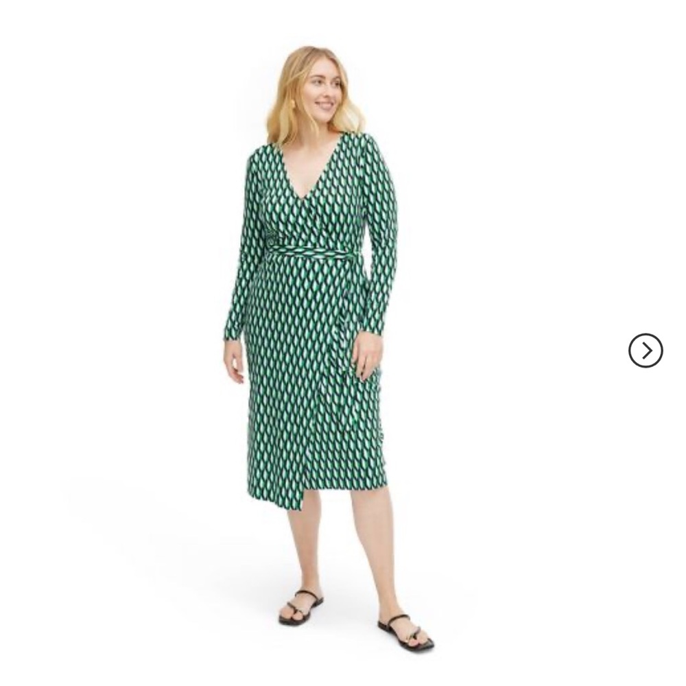 Women's Long Sleeve Midi Arrow Geo Green Wrap Dress